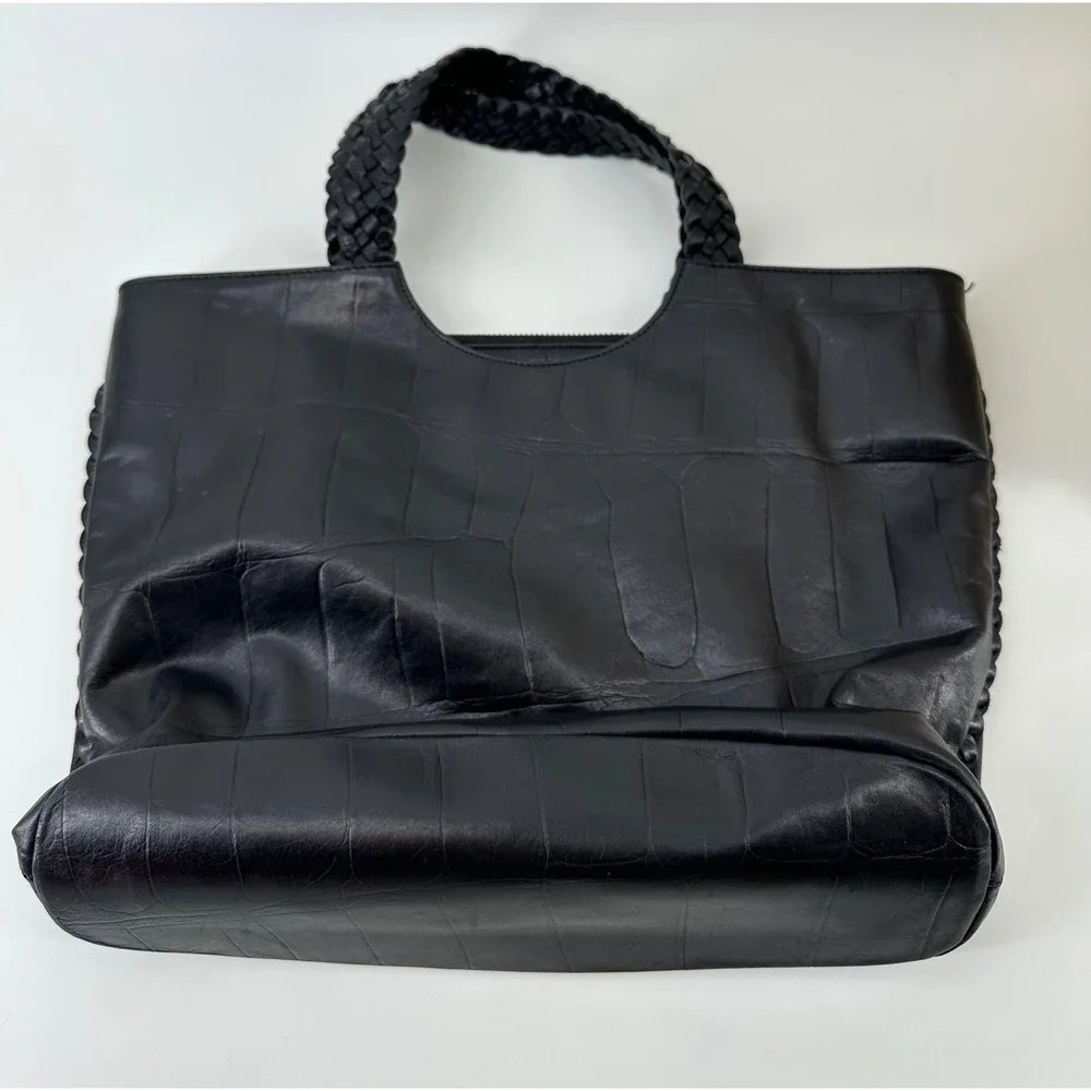 Falor Le Borse Black Croc Embossed Leather Tote Braided Handle Shoulder Bag
